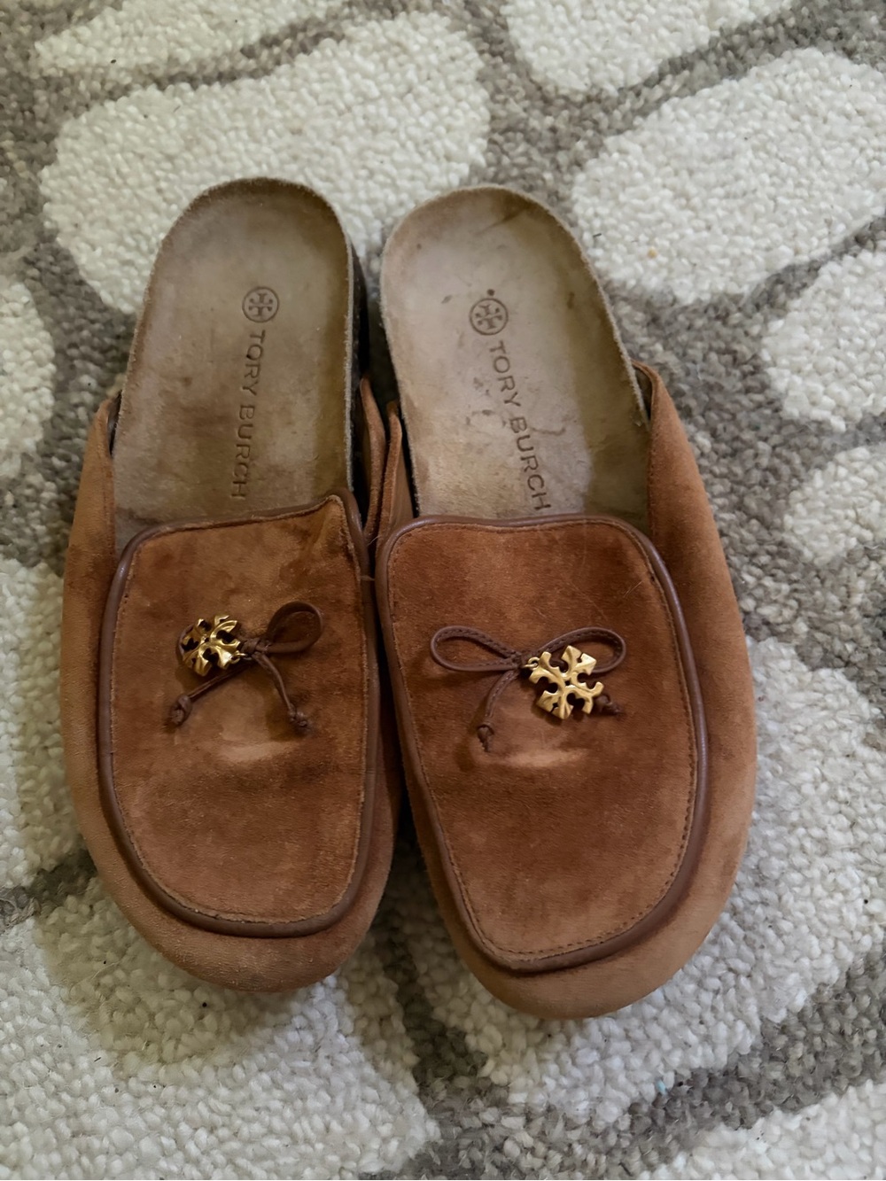 Tory Burch Tan Suede Slip-On Loafers/mules with Gold Logo Charm